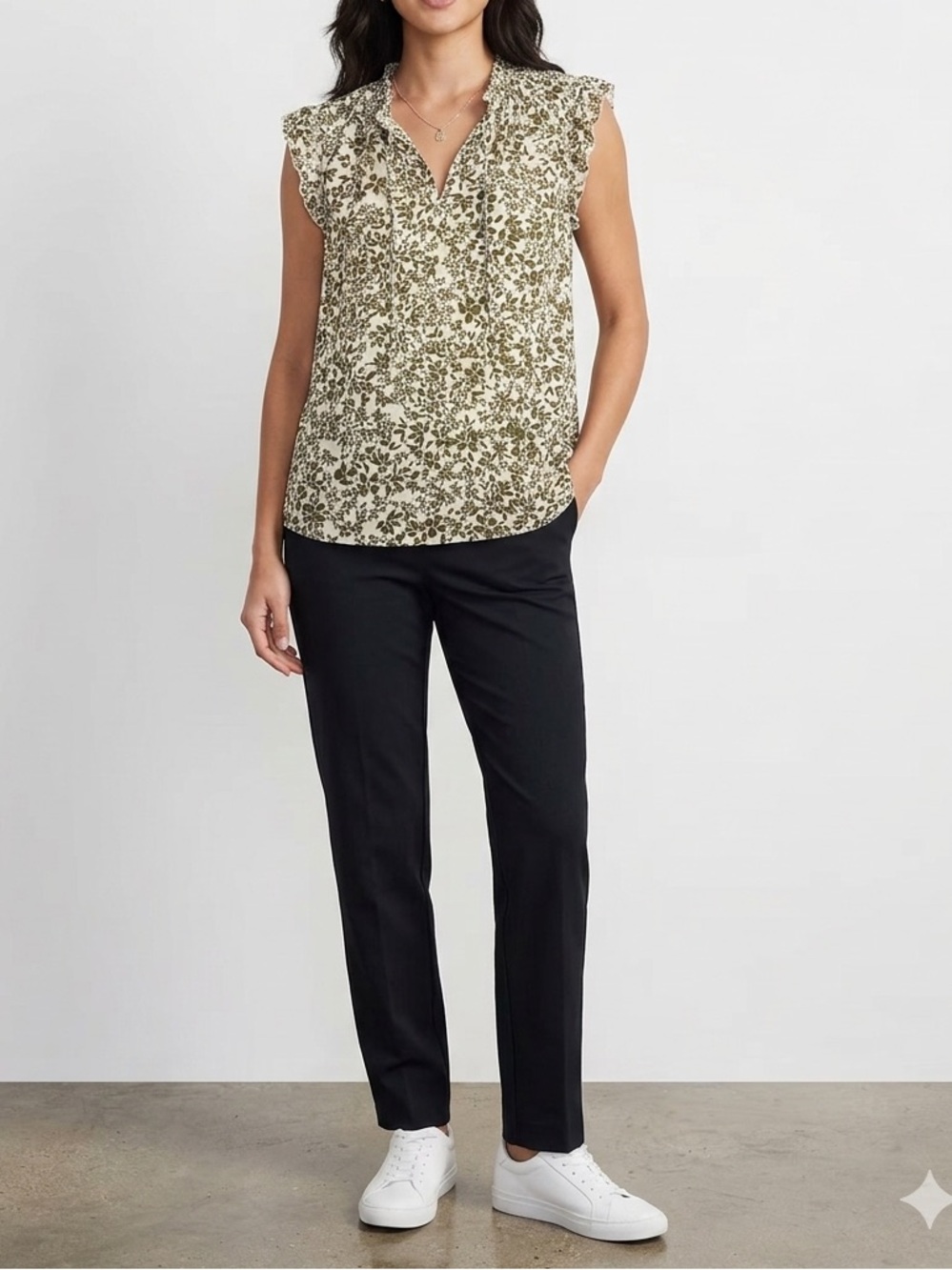 C. Wonder Black and White Floral Ruffle-Neck Blouse